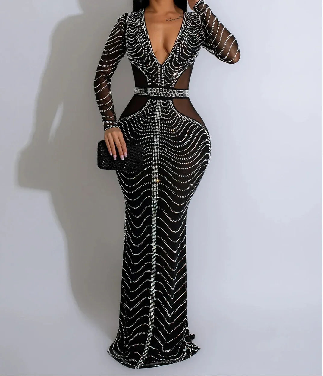 Women's Sexy Dress Streetwear Fashion Solid Mesh Rhinestone Long Skirt Elegant Y2k Dresses for Female Autumn Winter 2024 New