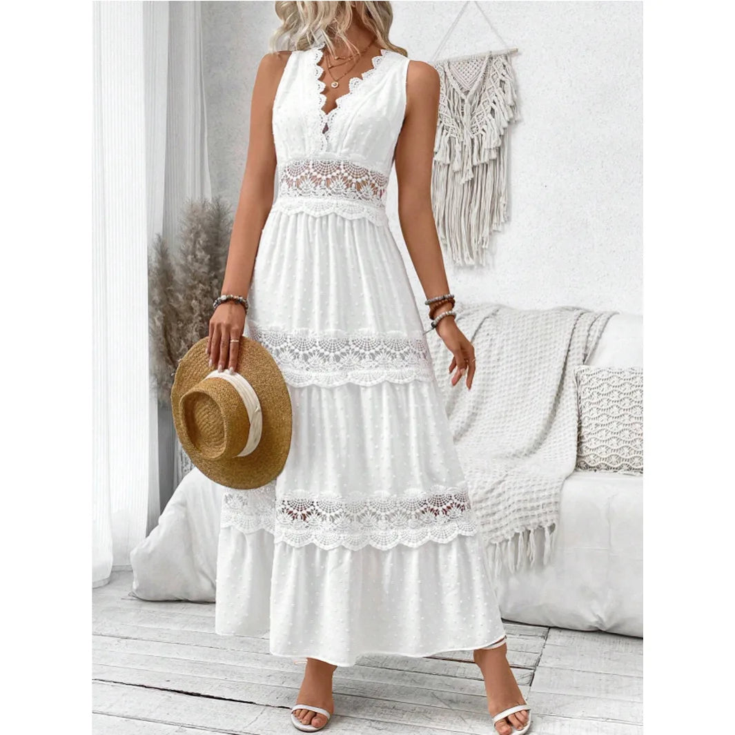 Summer Dress Women 2024 Lace Patchwork V-neck Sleeveless Dresses Fashionable and Versatile Long Skirt for Female Streetwear