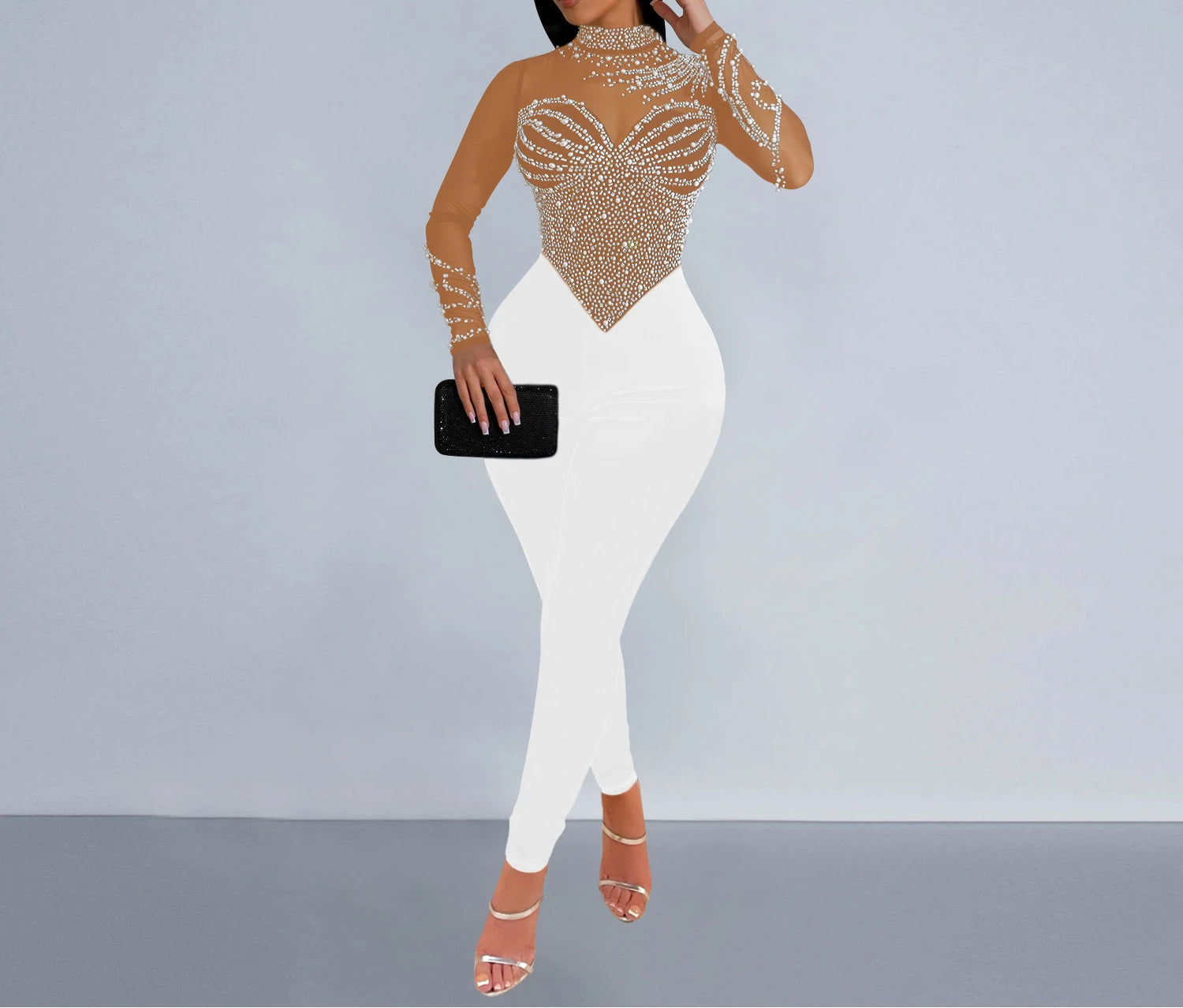 Elegant Women Jumpsuit Streetwear 2024 Spring Fashion Versatile Casual Solid Color Hot Diamond Long Sleeve Jump Suits for Female