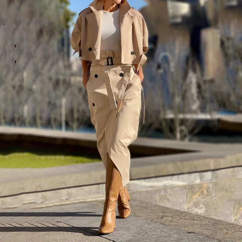 Skirt Two Piece Set Woman 2024 Autumn New Fashion Versatile Casual Workwear Temperament Button Belt Y2k Dress Suit for Female
