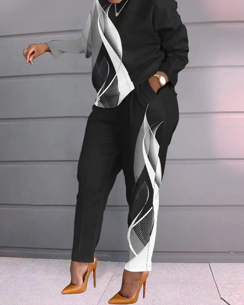 2 Piece Sets Womens Outfits 2023 Autumn Winter New Print Long Sleeve Top & Fashion Pants Set Casual Suits Streetwear Y2k Clothes