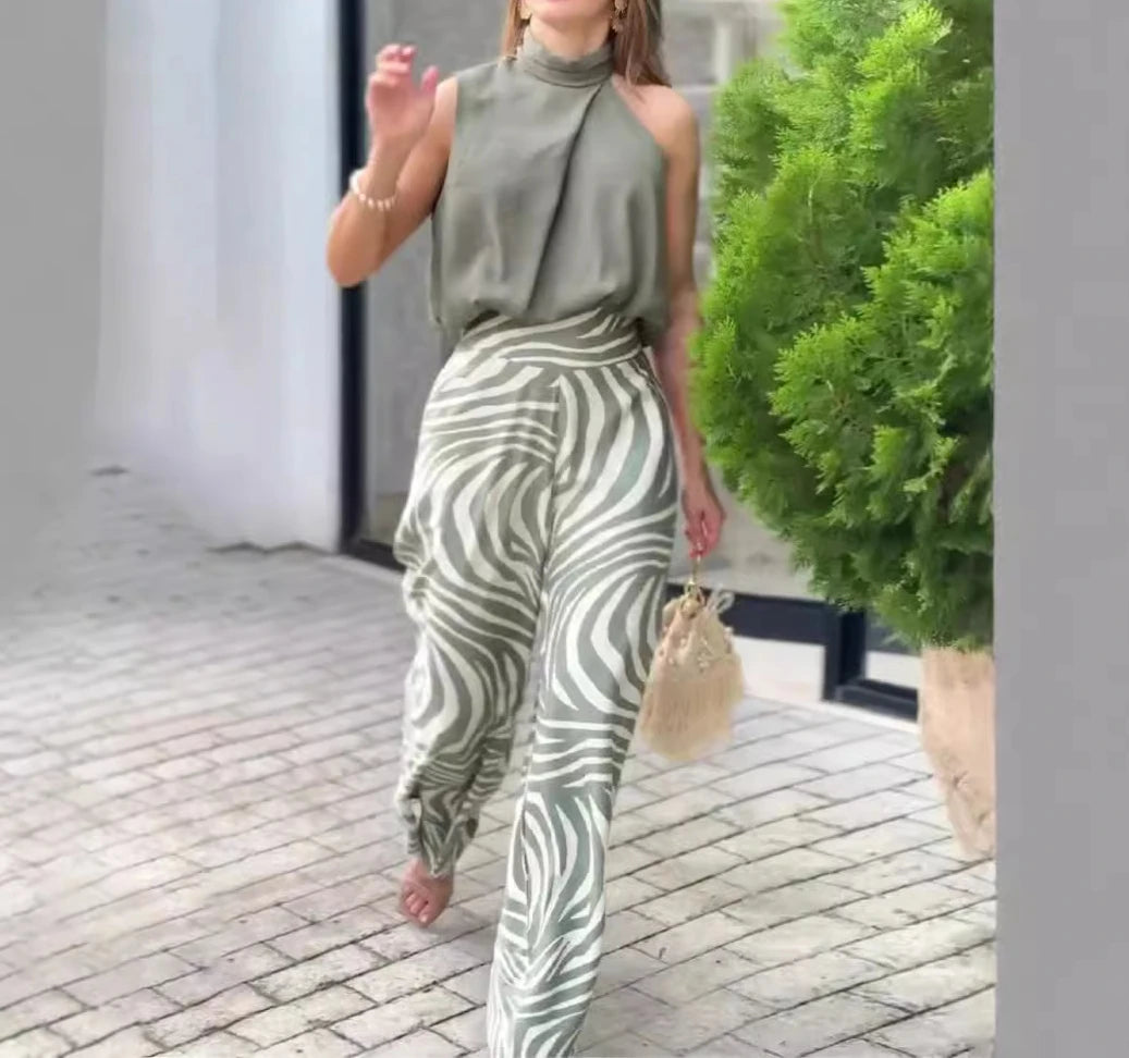 Two-piece Set for Women's Clothing Streetwear 2024 Summer New Sleeveless Hanging Neck Top and Wide Leg Pants Fashion Suit Y2k